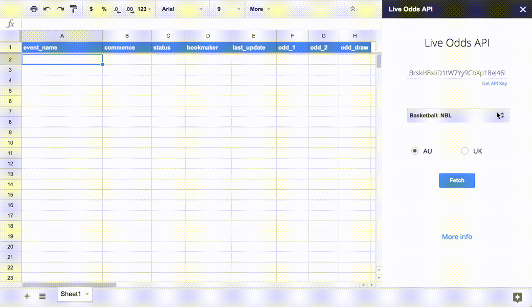 Sports odds data in Google Sheets